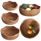Tray 2021 Rustic Handwoven Round Rattan Fruit Wicker Basket Storage Serving Tray For Picnic Home Decors
