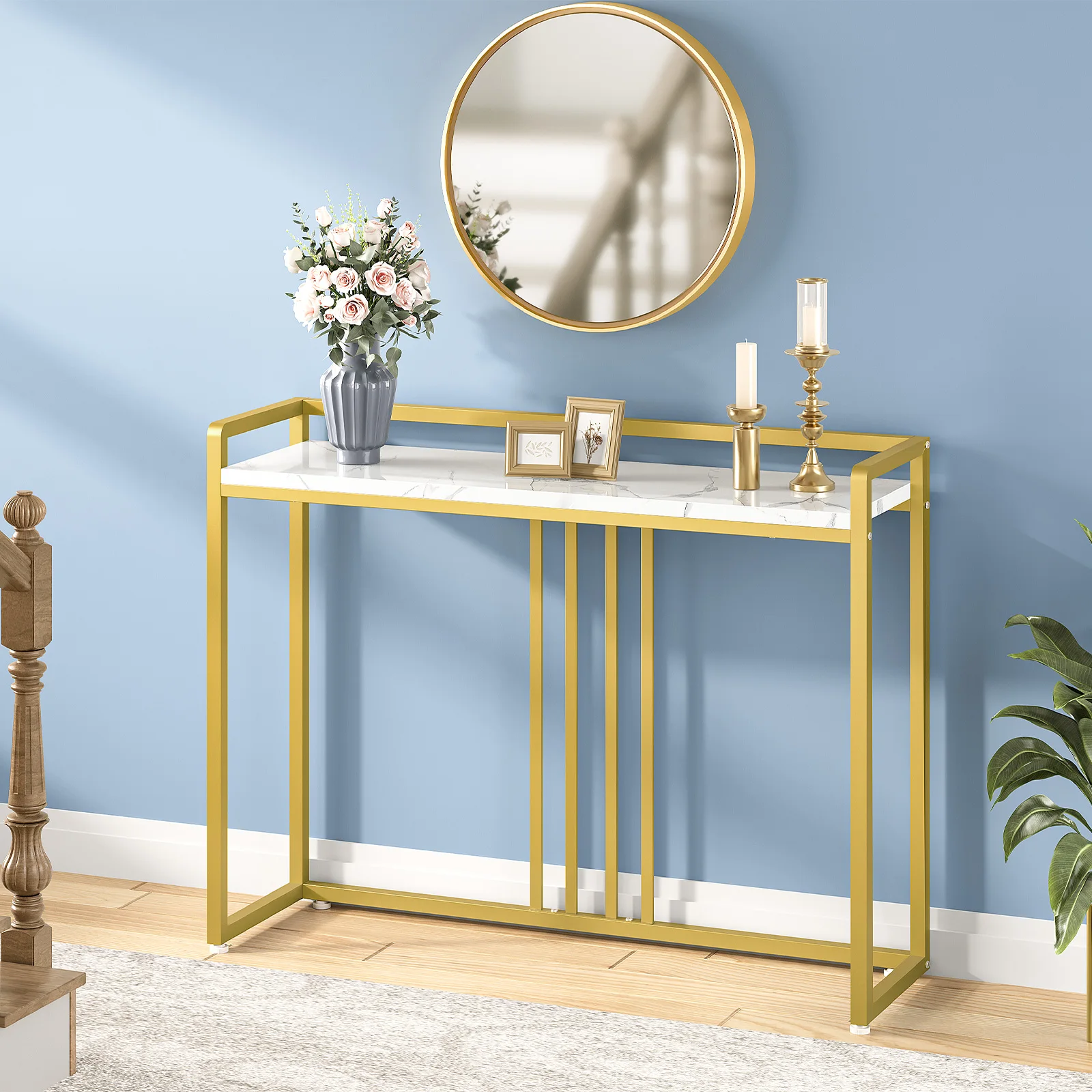 Wholesale Modern White and Gold Narrow Console Table Sofa Table with Marble Veined Table Top Metal Frame for Foyer Living Room