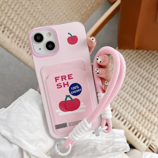 Two cherries phone case for iphone15PROMAX/iPhone14 Card holder with lanyard soft shell