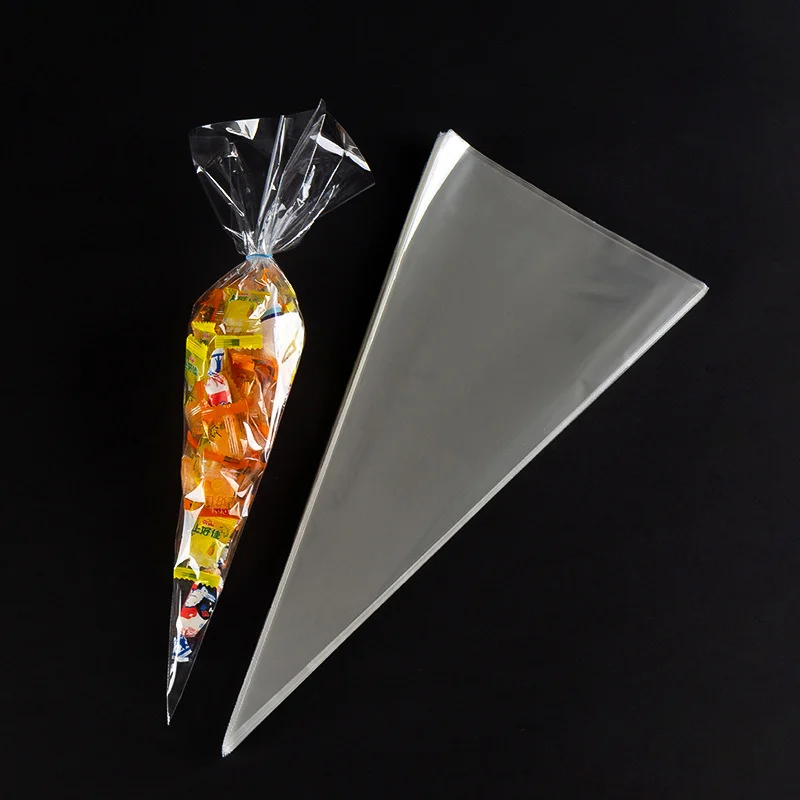 OPP Flat Knife Cutting Transparent Plastic Triangle Bag Disposable Popcorn Candy Cone Packaging Bag Food Tie Silk Packaging Bag
