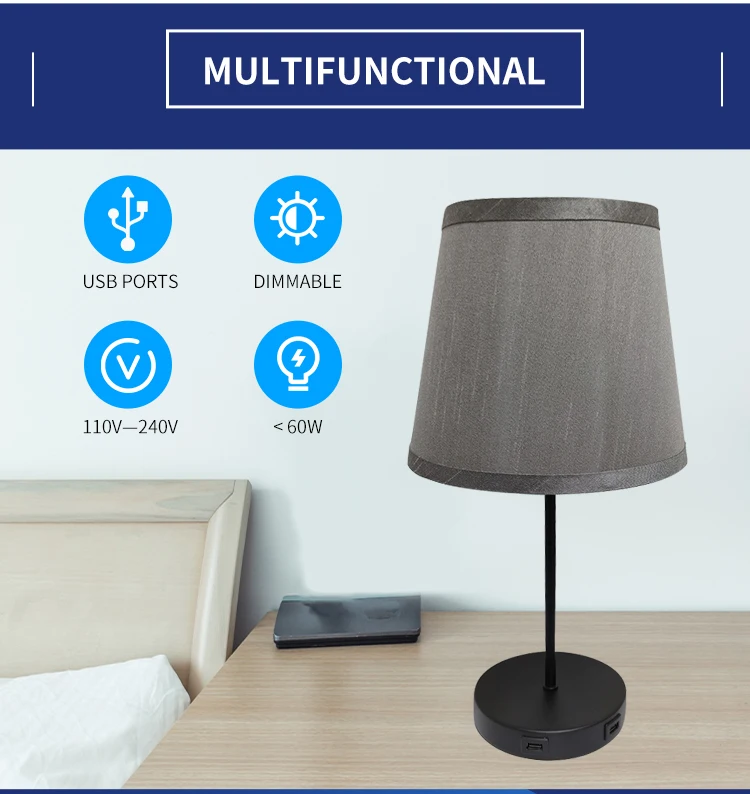 modern Gray lampshade meteor shower high quality  bedside table lamp with usb port
