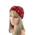 Fashion Pearl Bow Hair Band Handmade Stretch Knitting Headband Winter Turban For Women