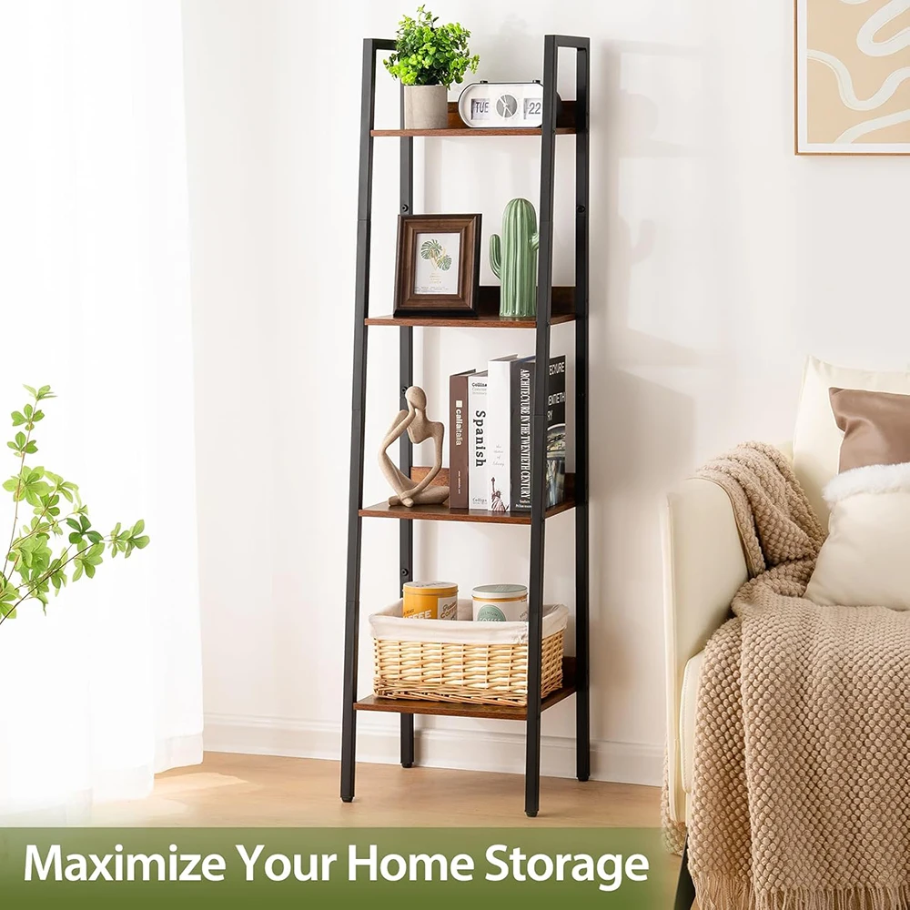Modern 4-Tier Wooden/Metal Ladder Bookshelf-Tall Corner Design for Narrow Spaces Living Room & Home Office Storage supplier