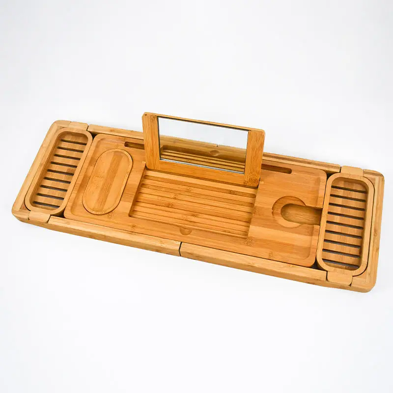 product bamboo expandable bathtub caddy tray non slip bath tray organizer for luxury spa bathroom accessories with wine glass holder-2