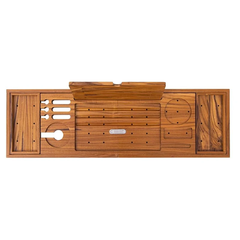 product expandable bamboo bathtub caddy tray luxury bath shelf tablet phone holder wine glass slot spa organizer two piece bathroom-2