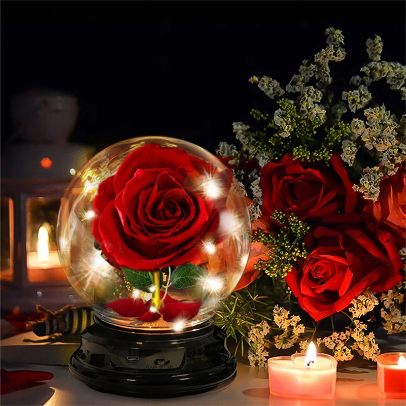 EE098 Home Decor Valentine Infinity Rose Lamp Gift Led Light String Forever Rose Flower Glass Dome Artificial Flower Lamp Gifts