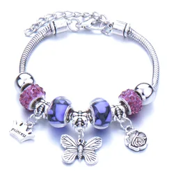 pandora bangle silver plated butterfly crown charm bracelet large hole beads adjustable snake chain pendant DIY bracelet for women