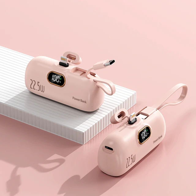 Hot Selling 22.5W Built-in 2 cables Mini Capsule power bank Emergency portable Charger with LED digital screen 5000mah battery