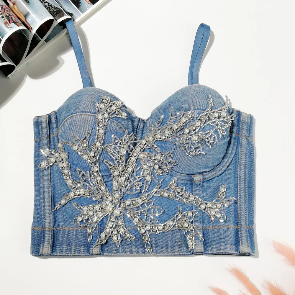 T967 Korset Denim Bustier Wanita,Atasan 