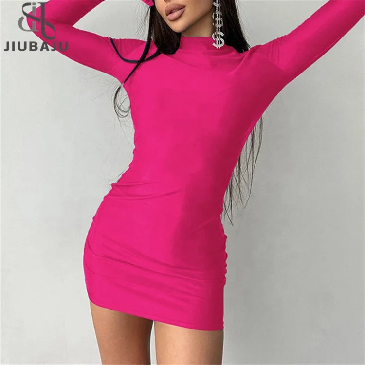 Solid Long Sleeve With Gloves Mini Dress Bodycon Sexy Streetwear Party Half Turtleneck Dress