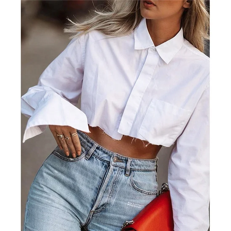 Fall Solid Shirts For Women 2023 Turn-down Collar Long Sleeve Black Crop Top Casual White Pockets Shirts