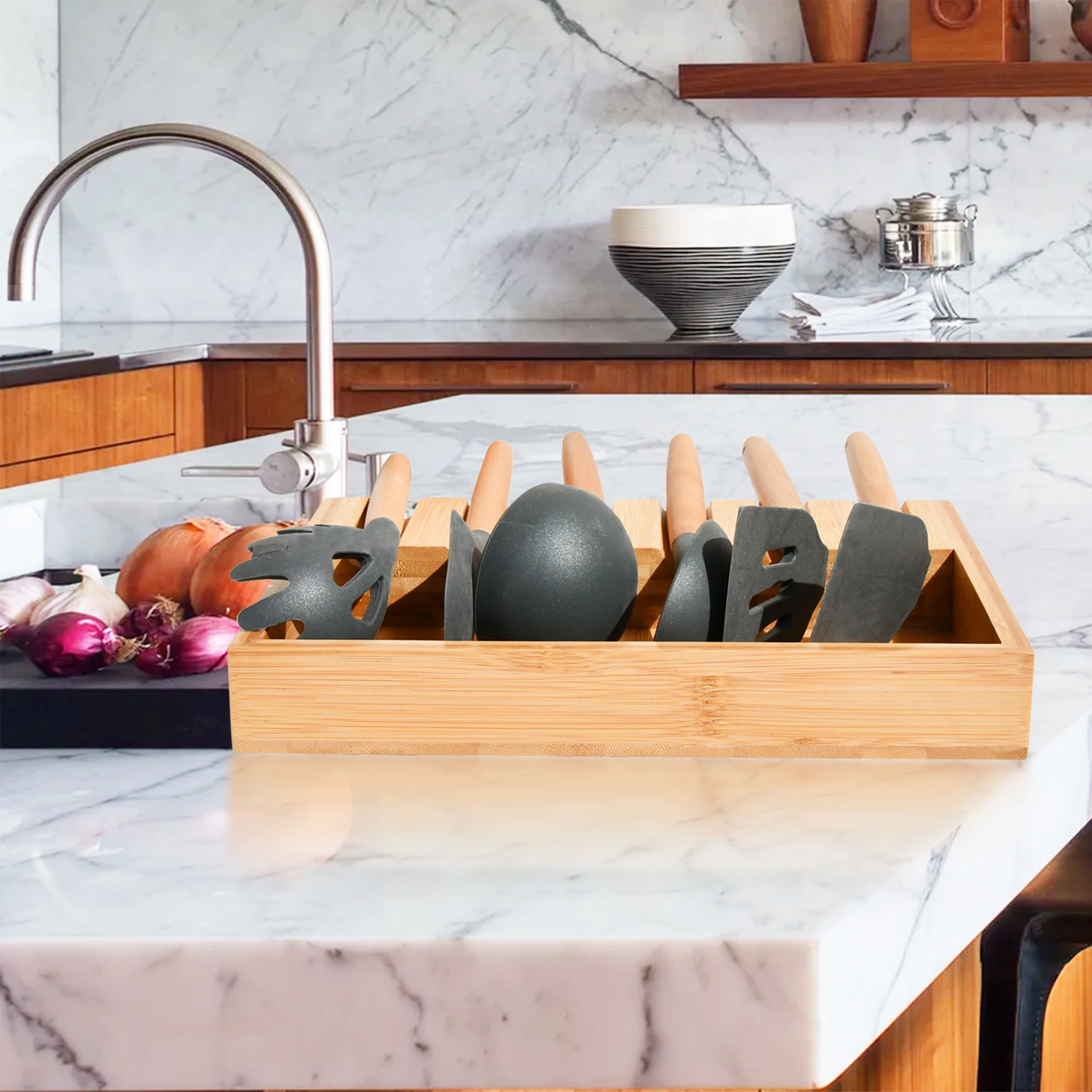 Wooden Spoon Rest Utensil Holder Kitchen With Drip Pad