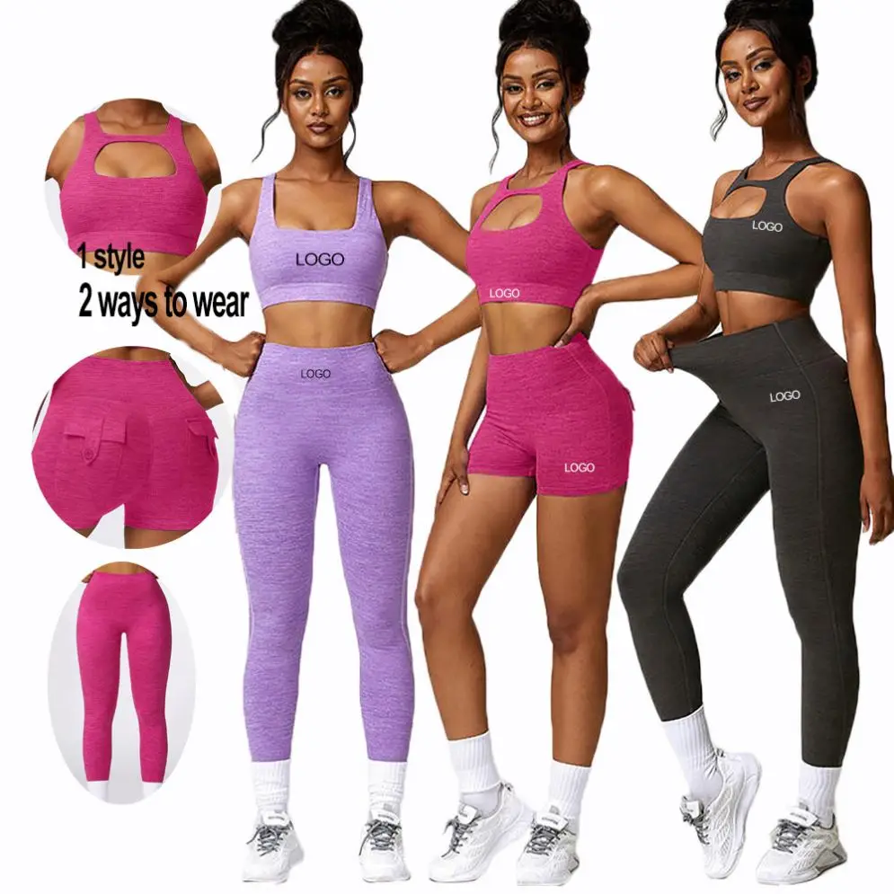 ECBC 1 Style 2 Wear Bra Sanding  Quick-drying Workout Leggings Women's Yoga Shorts with Pockets 3 Piece