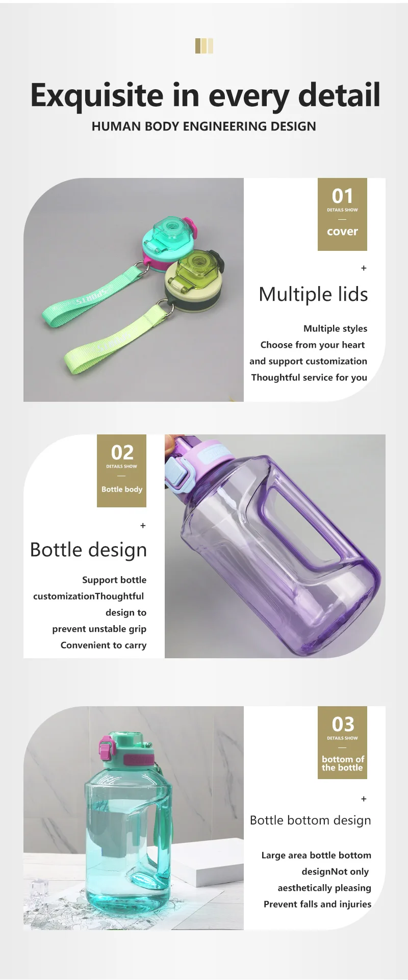 Customizable 1.65L PC Handle Straw Plastic Bottle PETG 2.2L Fitness Workout Sports Water Bottle details