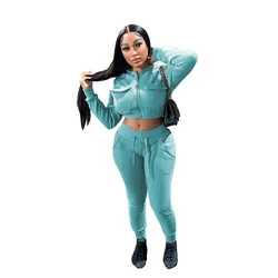 2023 New arrival Women Winter Clothes Crop top Jogger Suit  2 Piece Set Casual Outfits Solid Two Piece Pants Set with Pockets