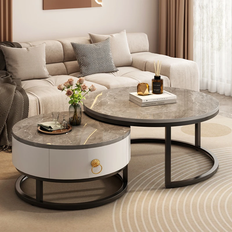 Modern Luxury Round Wooden Rock Glass White Black Gray Golden Living Room Combination Coffee Table with Metal Legs