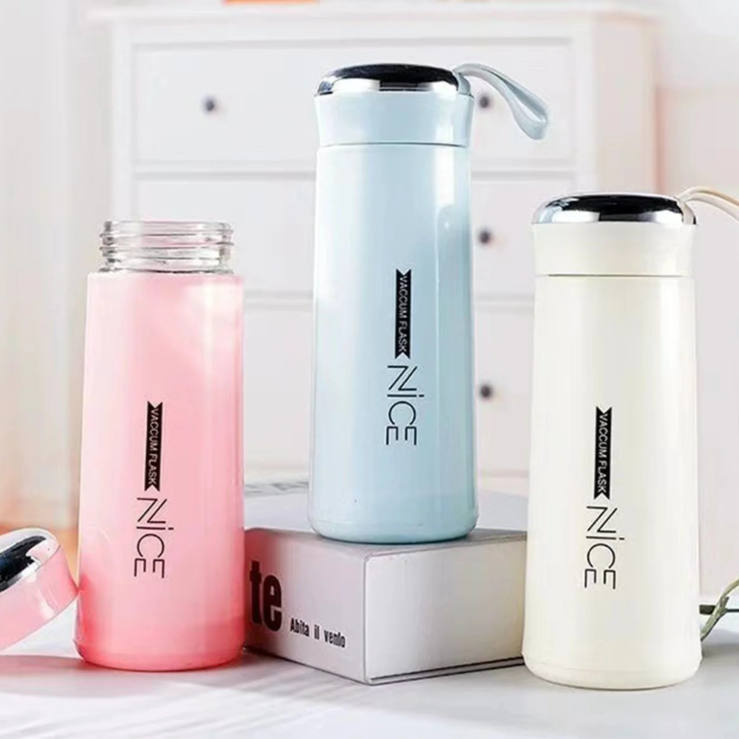 Factory wholesale Tea Water Bottle Glass Drinking Water Bottle 400ml Glass Vacuum Cupping 13oz Glass Thermos Cup