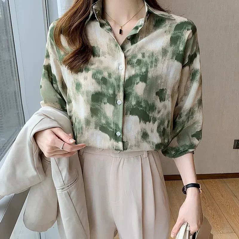 Stylish women's top Button up shirt Classic long-sleeved collared top Work office chiffon shirt