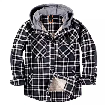 Unisex cotton outside with fleece lining black and white Plaid and velvet winter warm hooded flannel shirt jacket