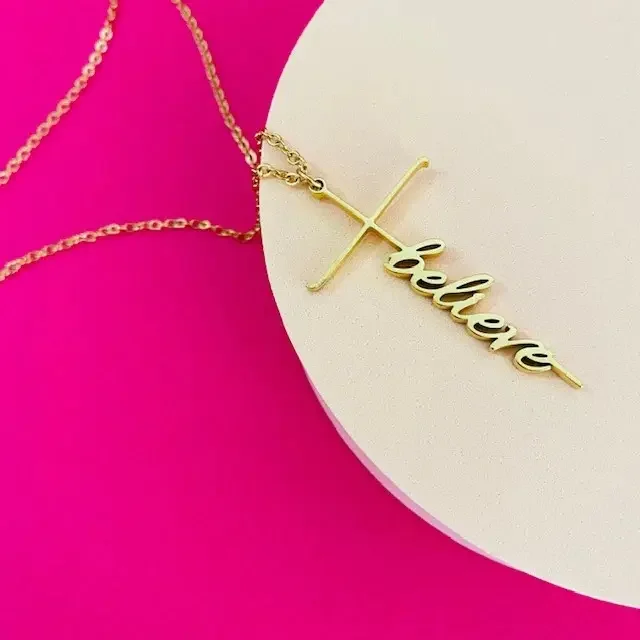 Tarnish free gold plated stainless steel believe faith grace grateful trust cross affirmation necklace
