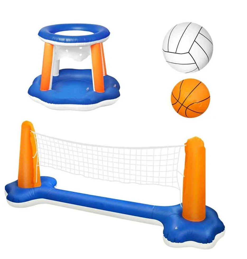 QPAU Inflatable Pool Float Set Swimming Games Basketball Hoop & Volleyball Net 