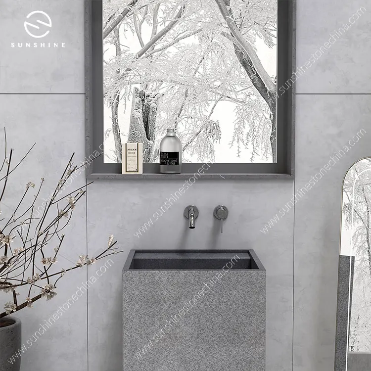 Custom Size Shanxi Black Granite Free Standing Sink Square Stone Pedestal Sinks