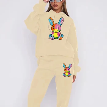 Cheap Halloween rabbit pattern 2 sets, women's fashion casual long-sleeved hooded top with comfortable pants suit for women