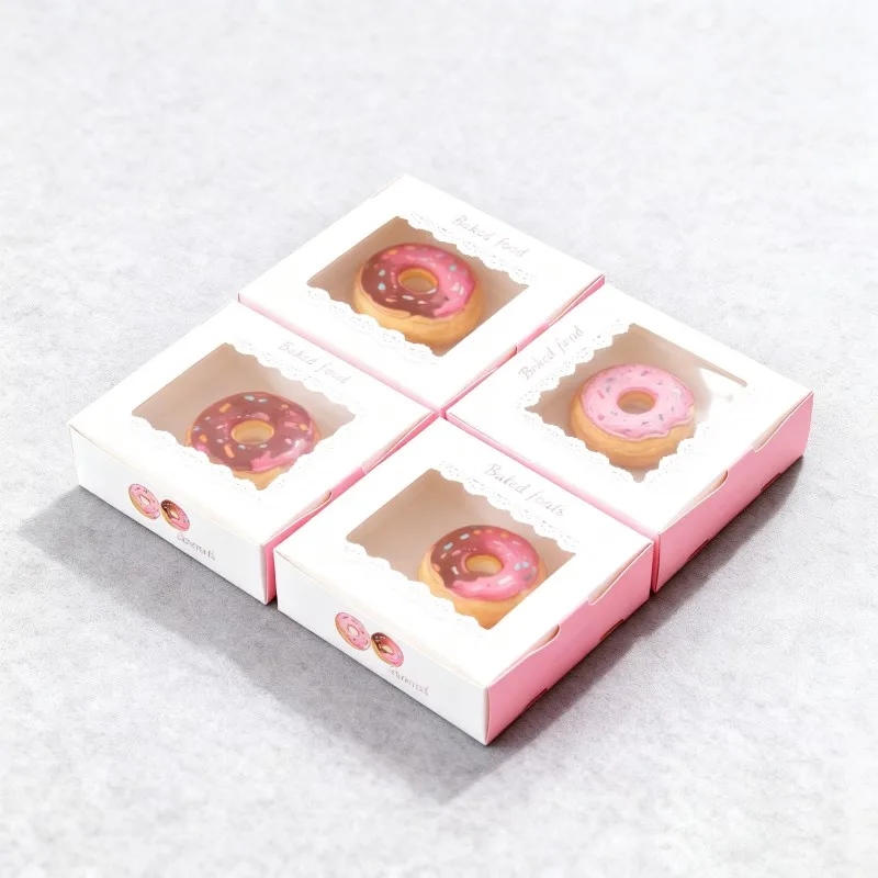 product wholesale customized logo doughnut packaging box with window dessert powder puff paper box bakery doughnut donut paper box-7