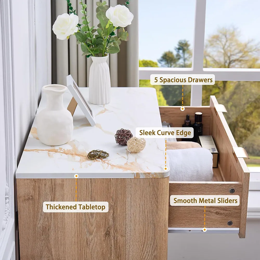 product modern 5 drawer fluted tall dresser with faux marble top oak wood and iron storage cabinet organizers for bedroom living room-8