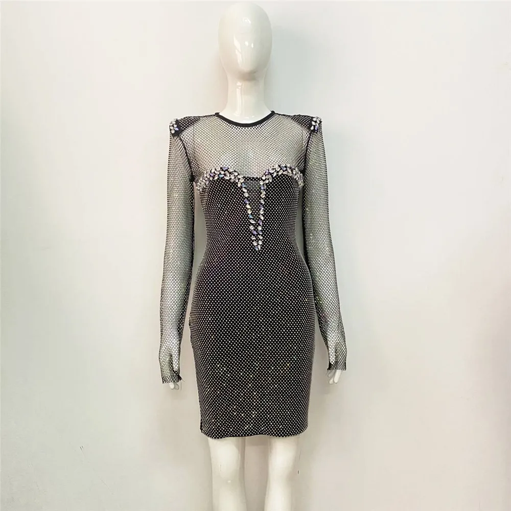 Women's Fashionable Temperament See-through Skinny Slimming Bouquet Diamond Mesh Dress