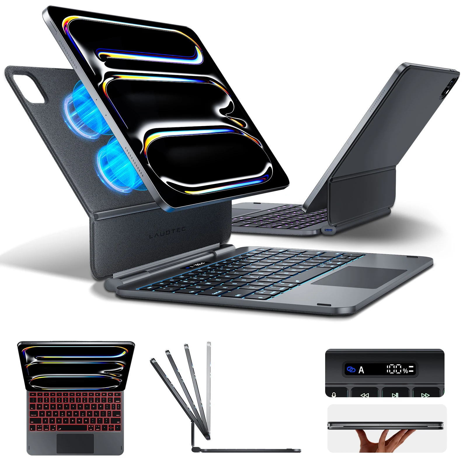 product laudtec for ipad pro 11 inch m5 2025 wireless keyboard case with 7 rgb backlight touchpad adjustable stand ultra thin black-2