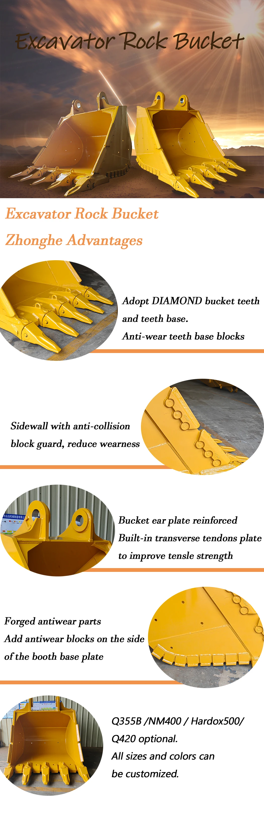 Heavy-Duty Excavator Rock Bucket with Q355B+NM Material 1500 Weight and 3 Months Warranty