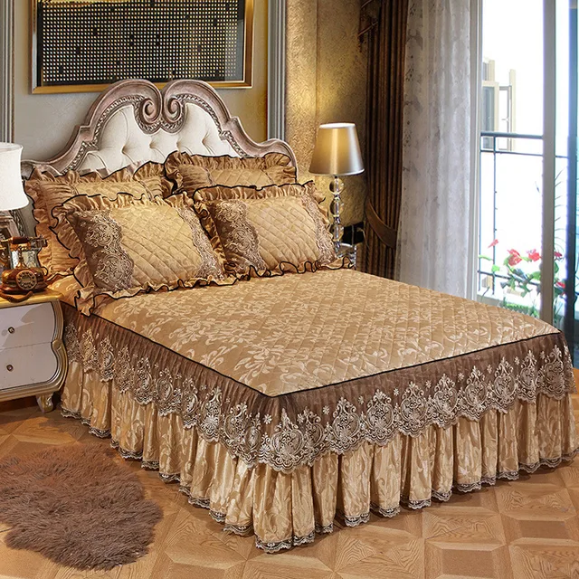 Winter Solid color European style velvet lace bed skirt thickened bed cover non-slip bedspreads bed skirt