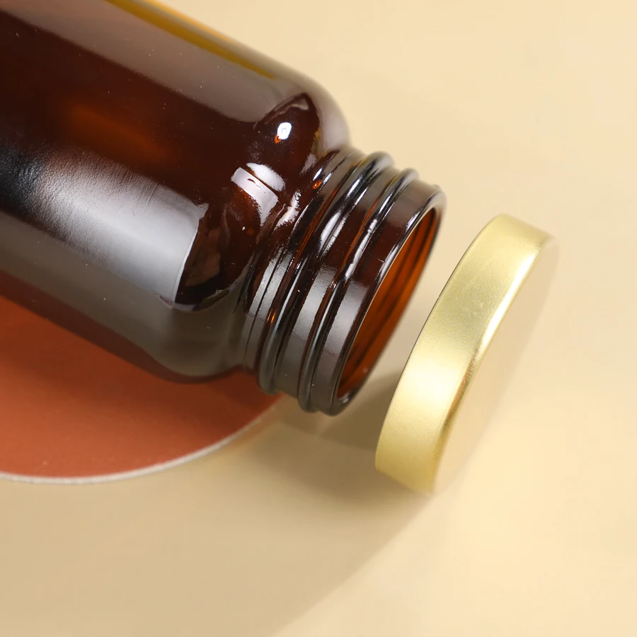 Stocked 100cc 150cc Glass Bottle Brown Amber Glass Jar For Healthcare Supplement with silver or gold caps