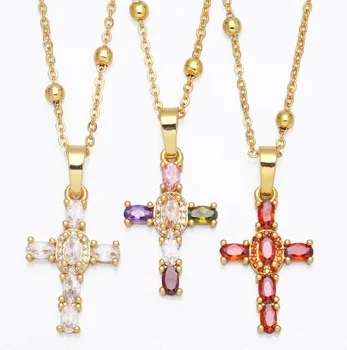 Religious Crystal Cross Necklace Women Gold Plated Colorful Crystal Rhinestone Cross Pendant Necklace Jewelry