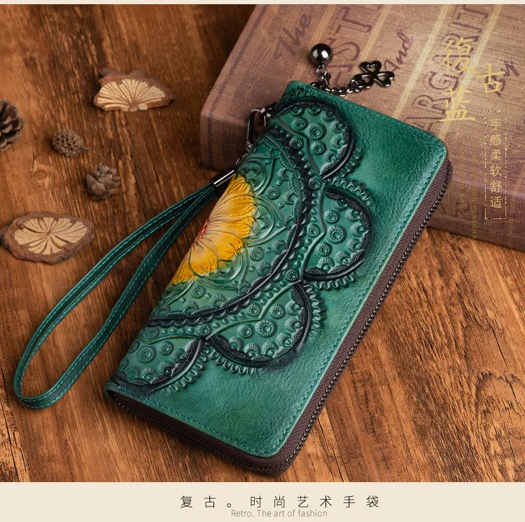 Wholesale Andong Cowhide Ladies Long Purse Retro Genuine Cow Leather Wallet  Women Hand-painted Clutch Phone Pocket Wallets Bag From m.