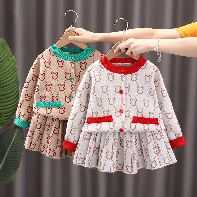 Autumn Single Breasted Knitted Cardigan Skirt Baby Clothes Girls Baby Sweaters Crewneck Cartoon Pleated Skirt Kids Clothing Girl
