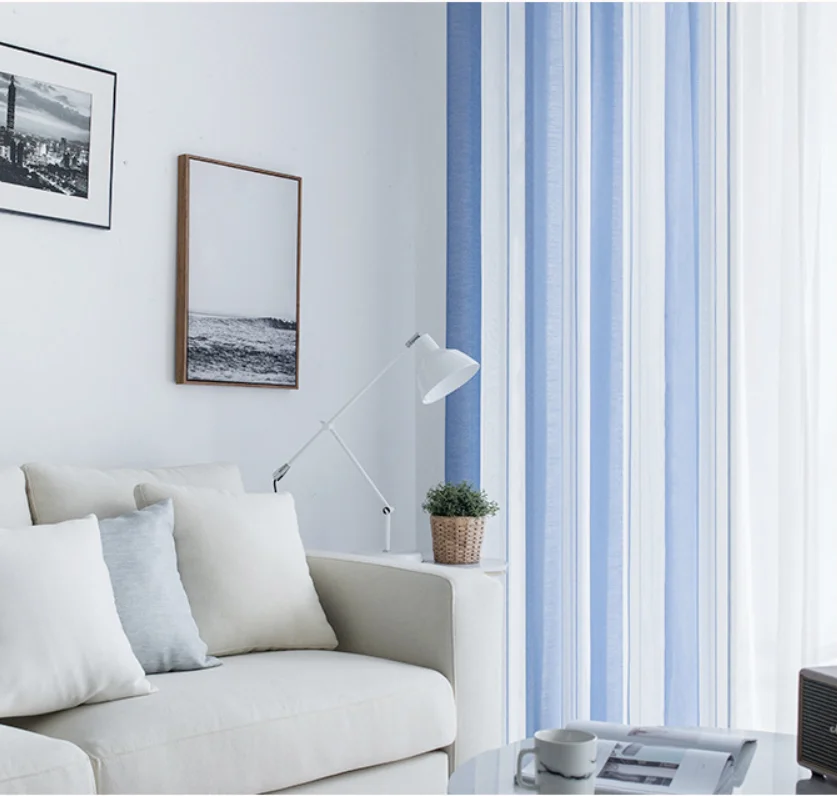 Manufacturer direct sales simple striped sheer window curtain Nordic style ready made voile curtain  for bedroom