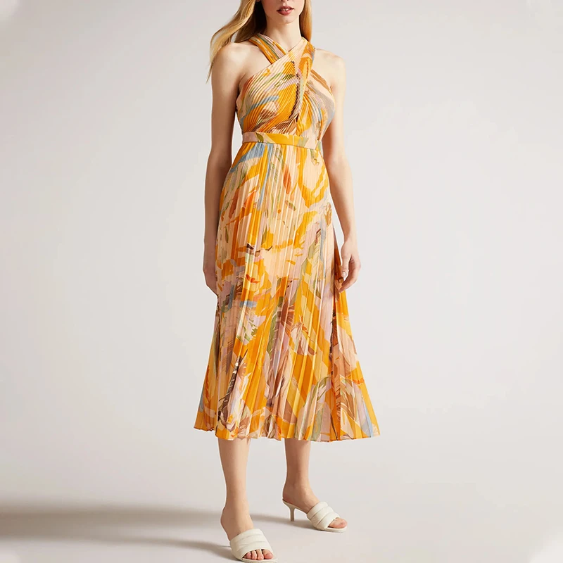 Summer Latest Ladies Women Casual Sleeveless Halter Plisse Sundress Pleated Dress Print Elegant Midi Long Chiffon Mini Floral