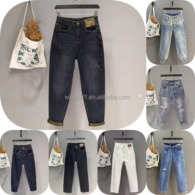 High Waist Reversible Pocket Strap Jeans Custom  Denim Large Pocket Wide Leg Women's Pants