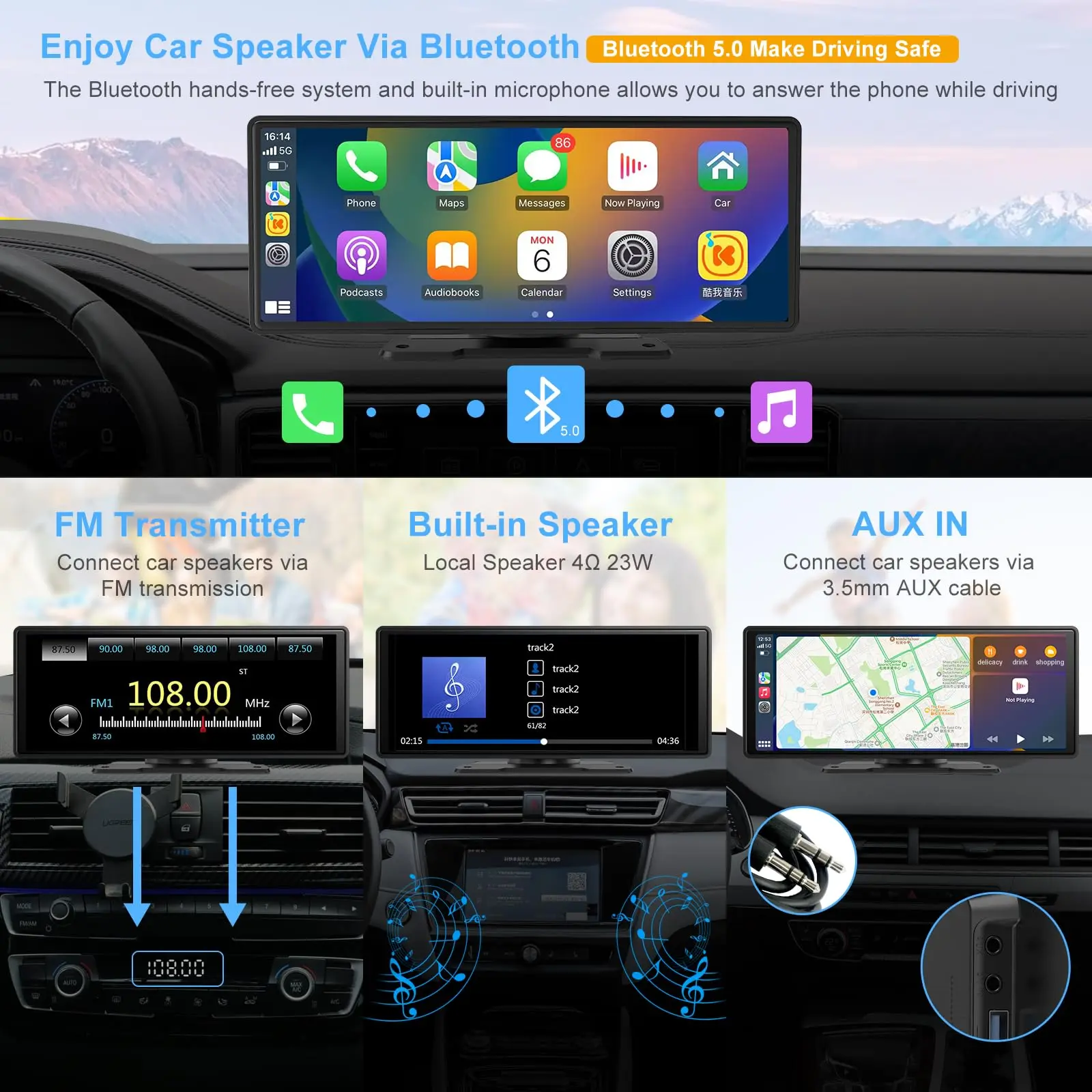 Universal car screen 10.26 inch wireless carplay multimedia player for all car portable hd car stereo monitor