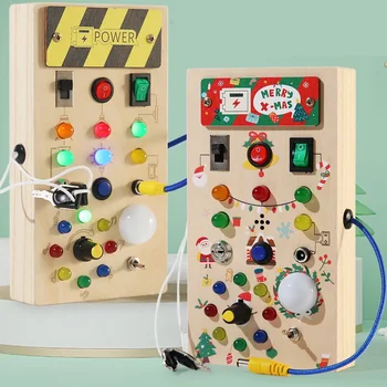 Montessori Wooden Busy Board LED Light Switch Game Kids Hand-On Sensory Educational Learning Toy