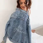 Casual Hot Selling Fashion High Quality Ladies Pearls Beading Blue Denim Coat Jacket Plus Size Jeans Jacket Women