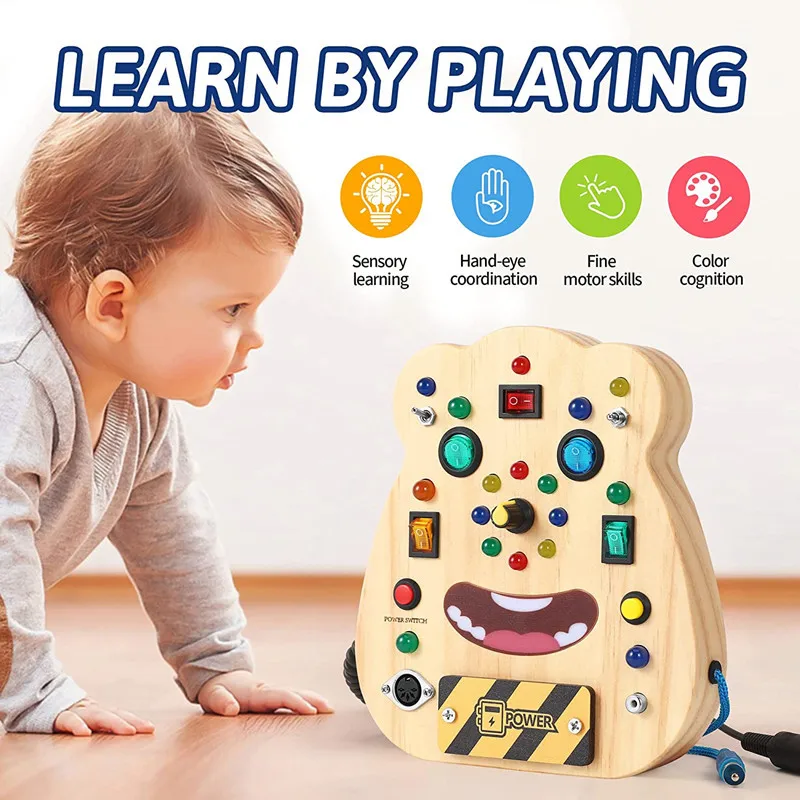 Lernspielzeug für Kinder, elektronischer LED-Knopfschalter, sensorisches Spielzeug, Baby-Holz-Beschäftigungsbrett, Montessori-Spielzeug für Kleinkinder, Lieferant