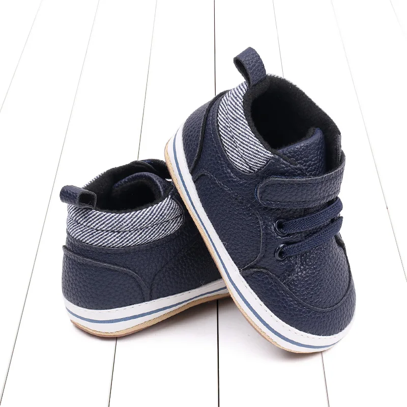 Striped Leather Lettering Design Non-slip Baby Toddler Shoes for Boys and Girls factory