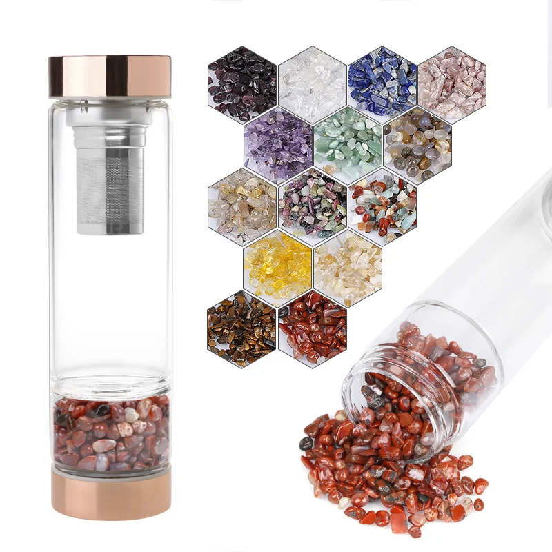 Bpa Free Infused Gem 500Ml Wholesale Coloured Glass Water Bottle with Crystal Stone