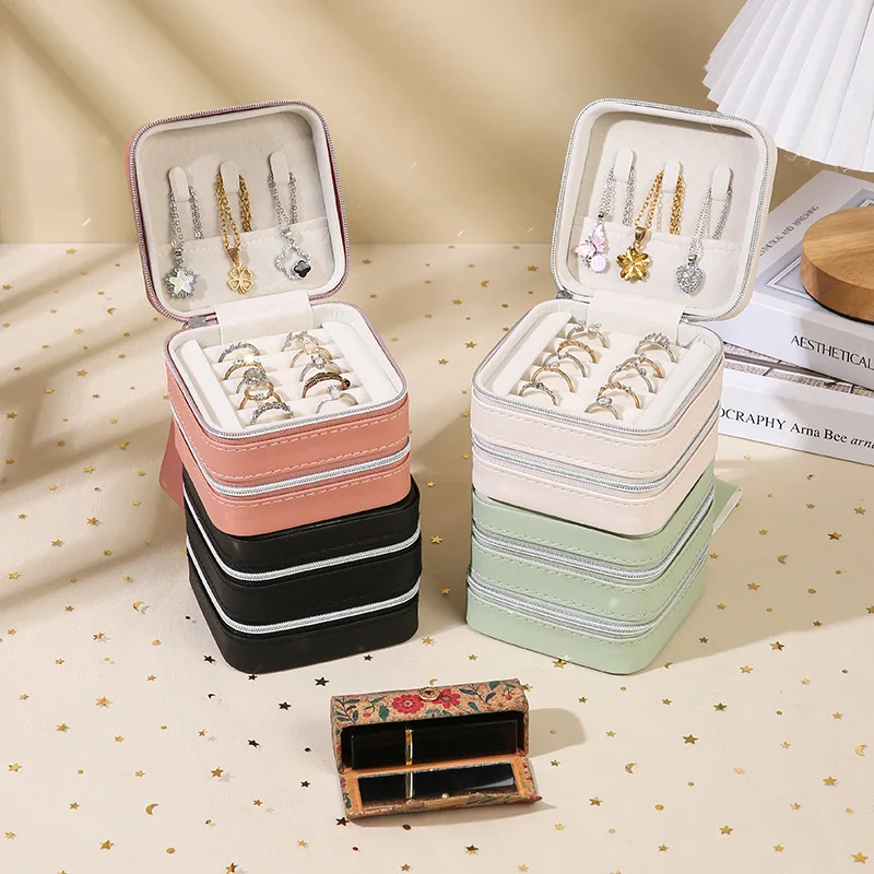 Custom PU leather simple double-layer mini ring and earrings jewelry storage box with mirror