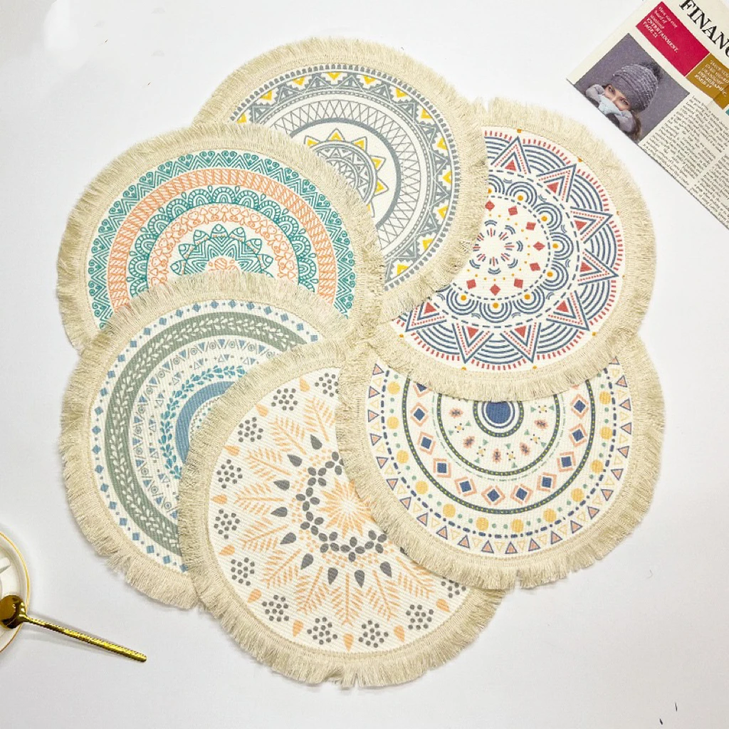cotton linen embroidery pad dish coffee cup table mat round 34cm bohemian style non-slip kitchen placemat coaster home decor