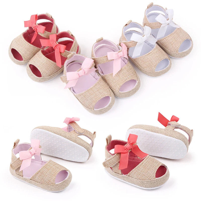 Summer New Baby Twine Wrapped Edge Solid Color Bow Soft Soled Fish Mouth Sandals for Baby Girls Toddler Shoes supplier
