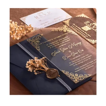 Custom Party Quinceanera Luxury Gold Foil Clear Acrylic Wedding Invitation With Rsvp Card Envelope Set